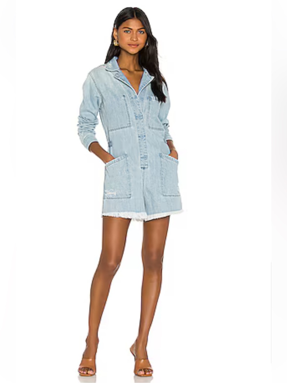 Pistola Freda Light Wash Denim Long Sleeve Button-Up Romper size Small
